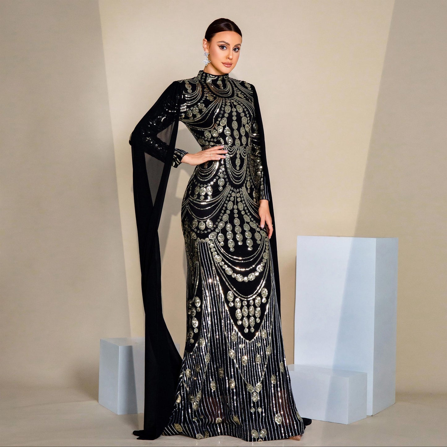 r 2025 high-end temperament sexy long sequins long sleeves crew neck banquet evening dress bridesmaid dress women