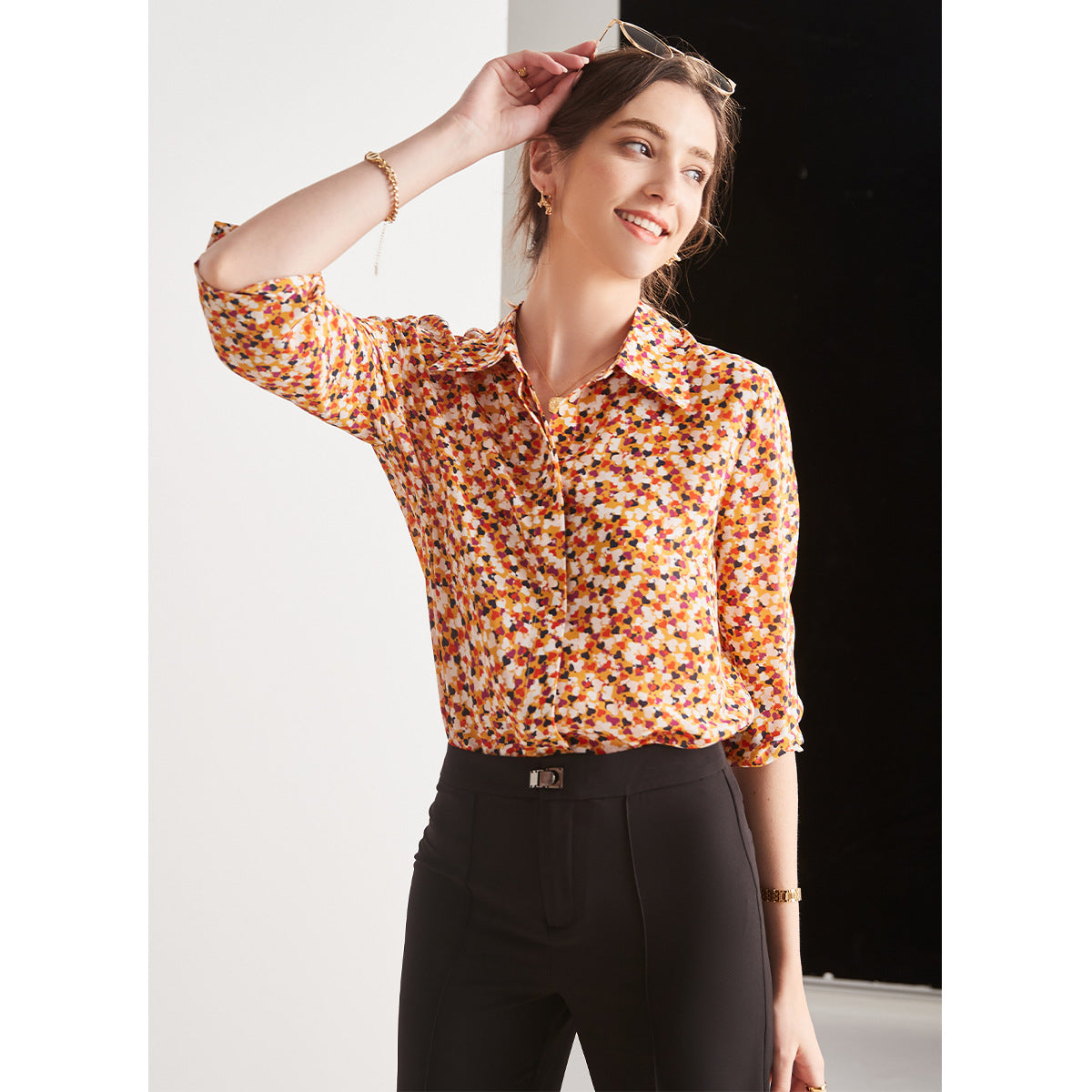 Silk shirt women's spring and summer new design top loose outer wear long-sleeved niche printed shirt