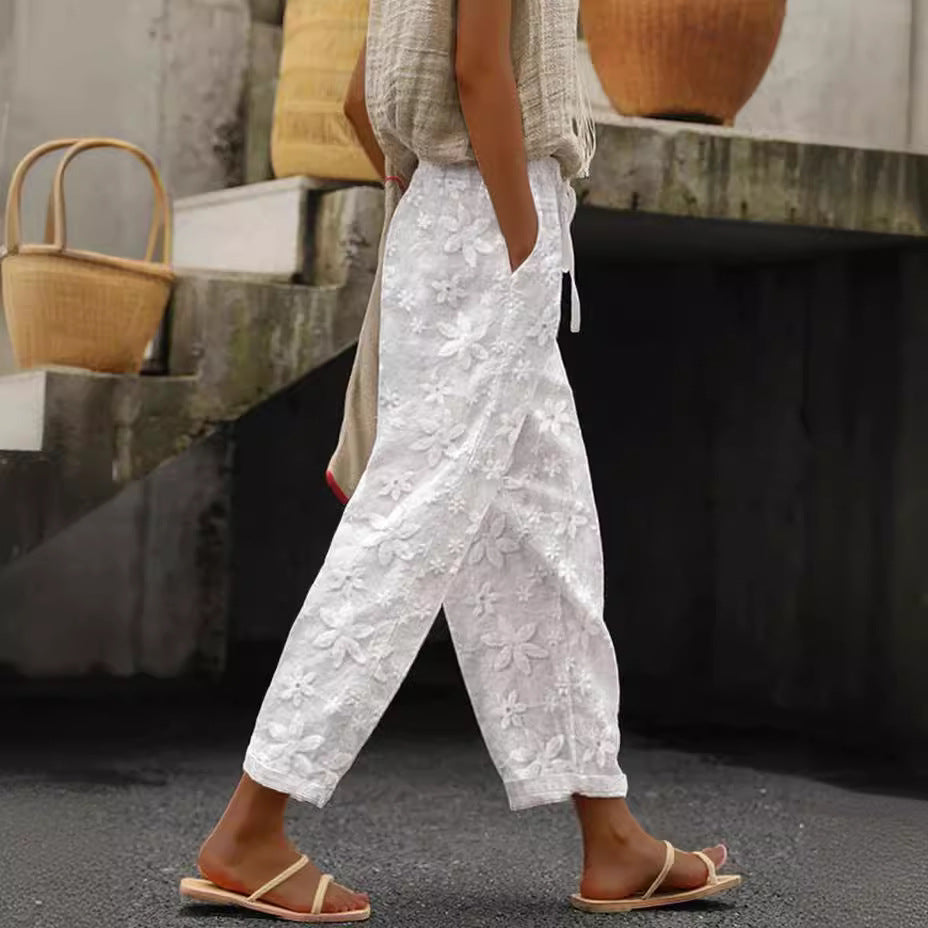 ZllKl Independent Station Cross-Border European American Summer New Embroidery Tie-Neck Casual Women's Pants Cropped Elastic Waist