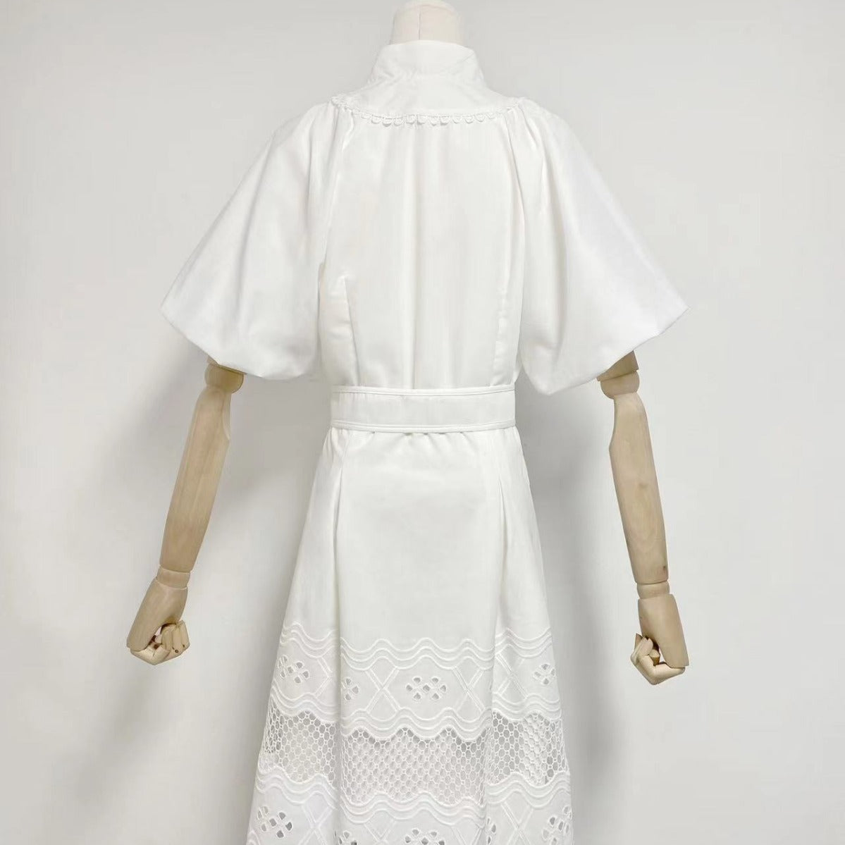 European and American Hot Trade 2023V Collar Puff Sleeve Single-Breasted Belt Waist Trimming Short Dress Women