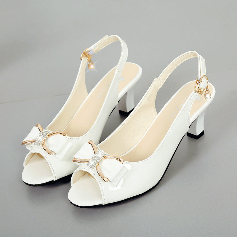 ZllKl New Peep Toe Solid Color Sandals Summer Women's Chunky Heel High Heel Shoes Korean Style Fashion Bowknot Rhinestone Mid Heel Sandals