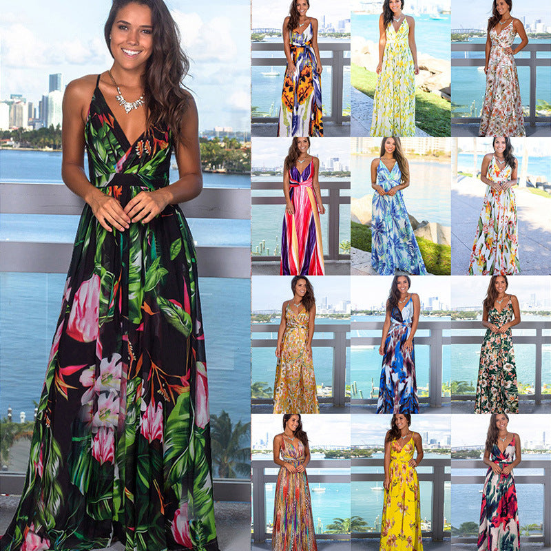 ZllKl Dress Summer New Women's Long Dress Cross Border Hot Suspender Skirt Printed Beach Long Dress