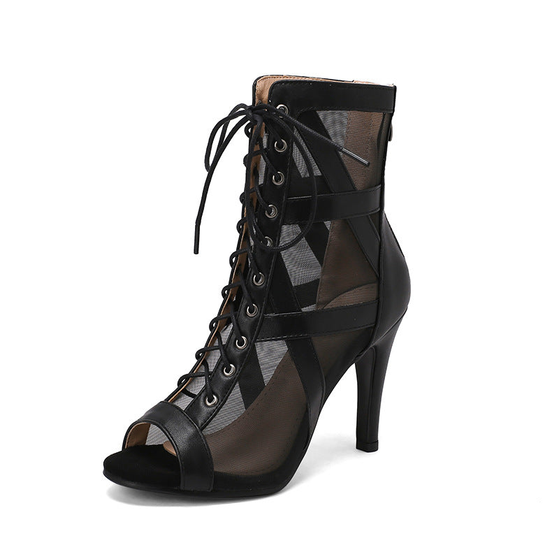 ZllKl Mesh Sandal Boots Women's Summer Peep Toe Sandals Lace-up Cutout Ankle Boots Jazz High Heels Stiletto Heel Silver Mesh Boots