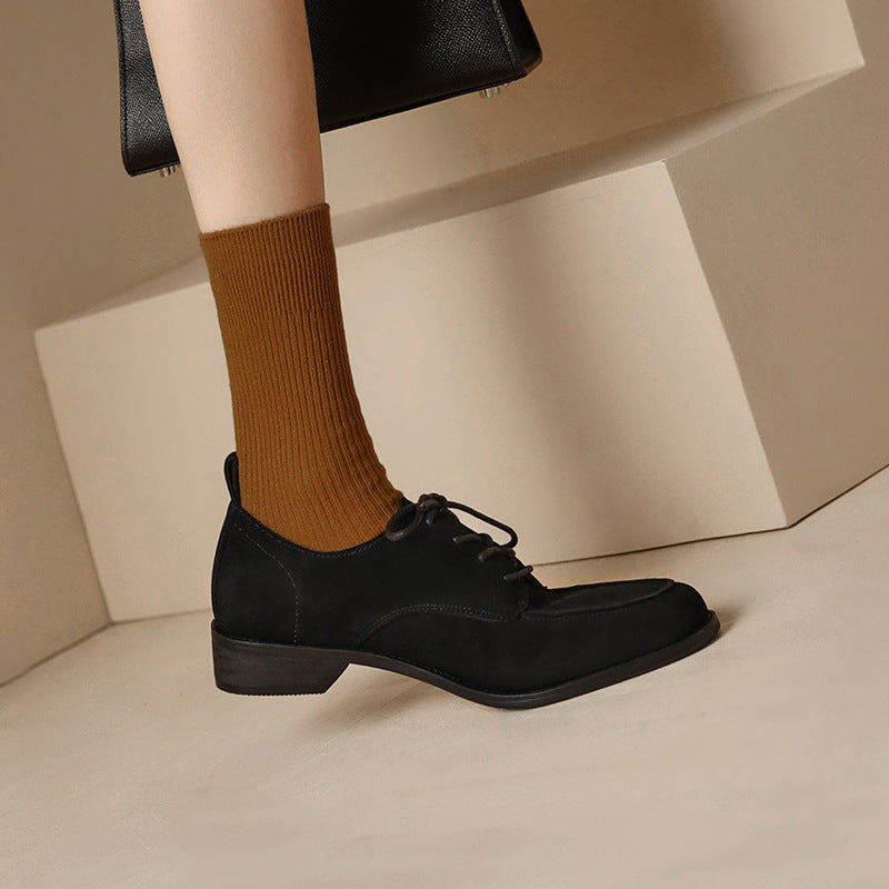 2025 Great to wear~ Frosted lace-up flat heel single shoes women's British style loafers retro small leather shoes