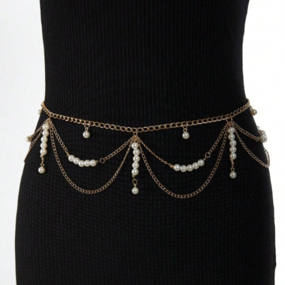 3468 2025 hot-selling metal chain splicing pearl waist chain multi-wave fringed chain fashionable personalized waist chain waist jewelry