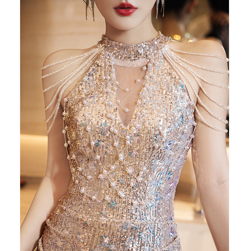2025 Banquet evening dress 2025 new champagne neck tassel sequins fishtail long dress annual meeting art examination performance clothes