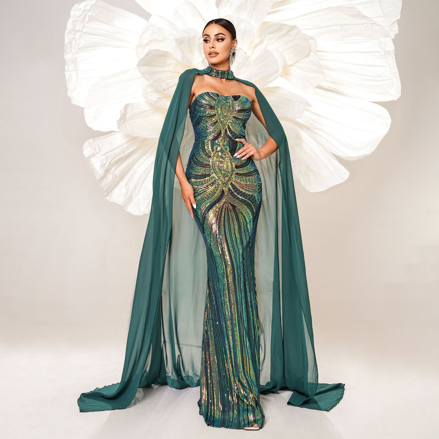 r 2025 new long-sleeved crew neck long sequined banquet cape fish tail evening dress bridesmaid dress women