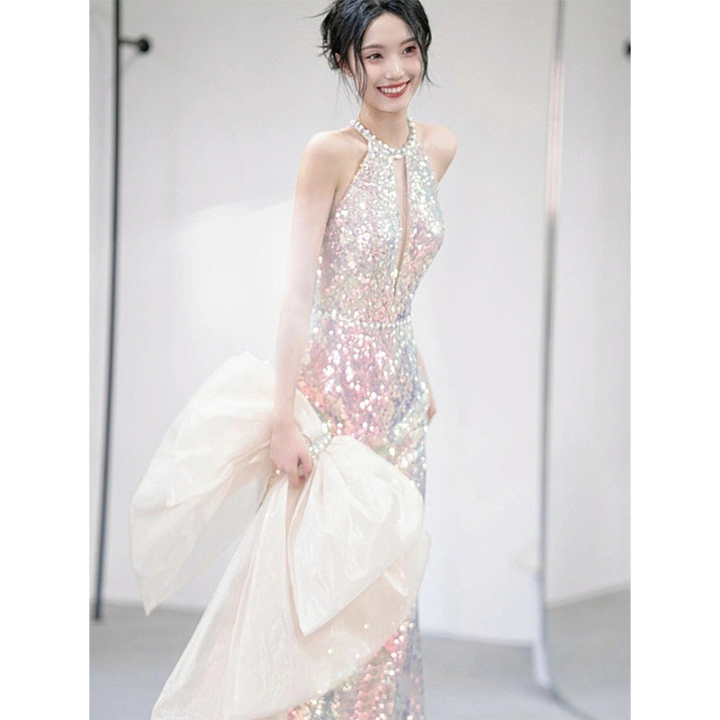 2025 Mermaid Ji sequined evening dress 2025 new neck fishtail model host annual meeting fairy temperament banquet dress skirt