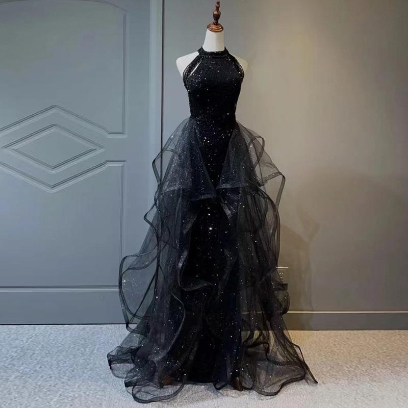 2025 Black sequined evening dress dress women 2025 new dress trailing party host adult evening dress one hair