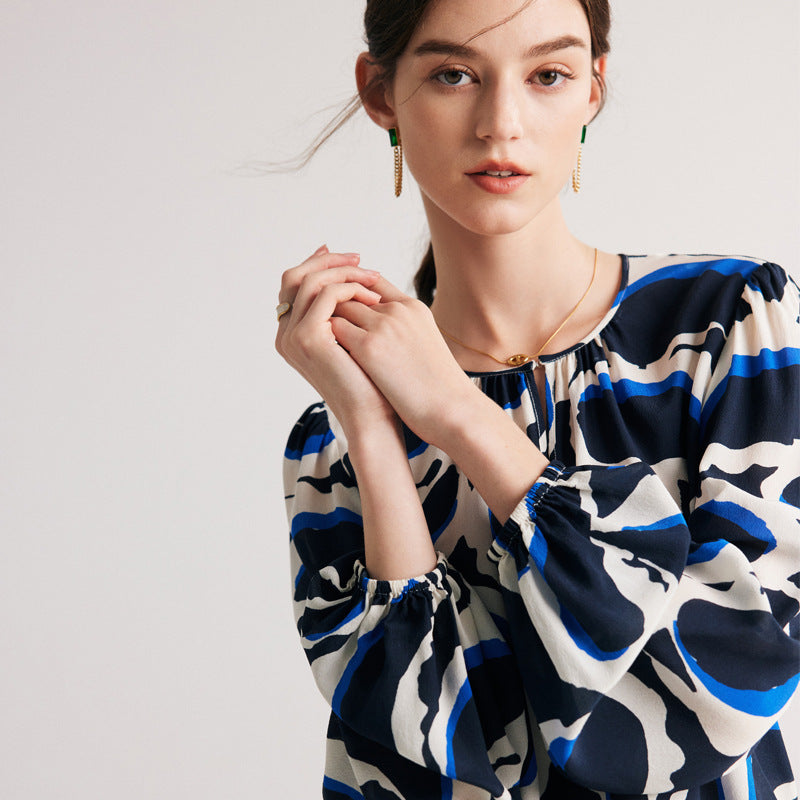 Silk shirt women's spring and summer new double crepe printing round neck pullover commuter printing 100% mulberry silk top