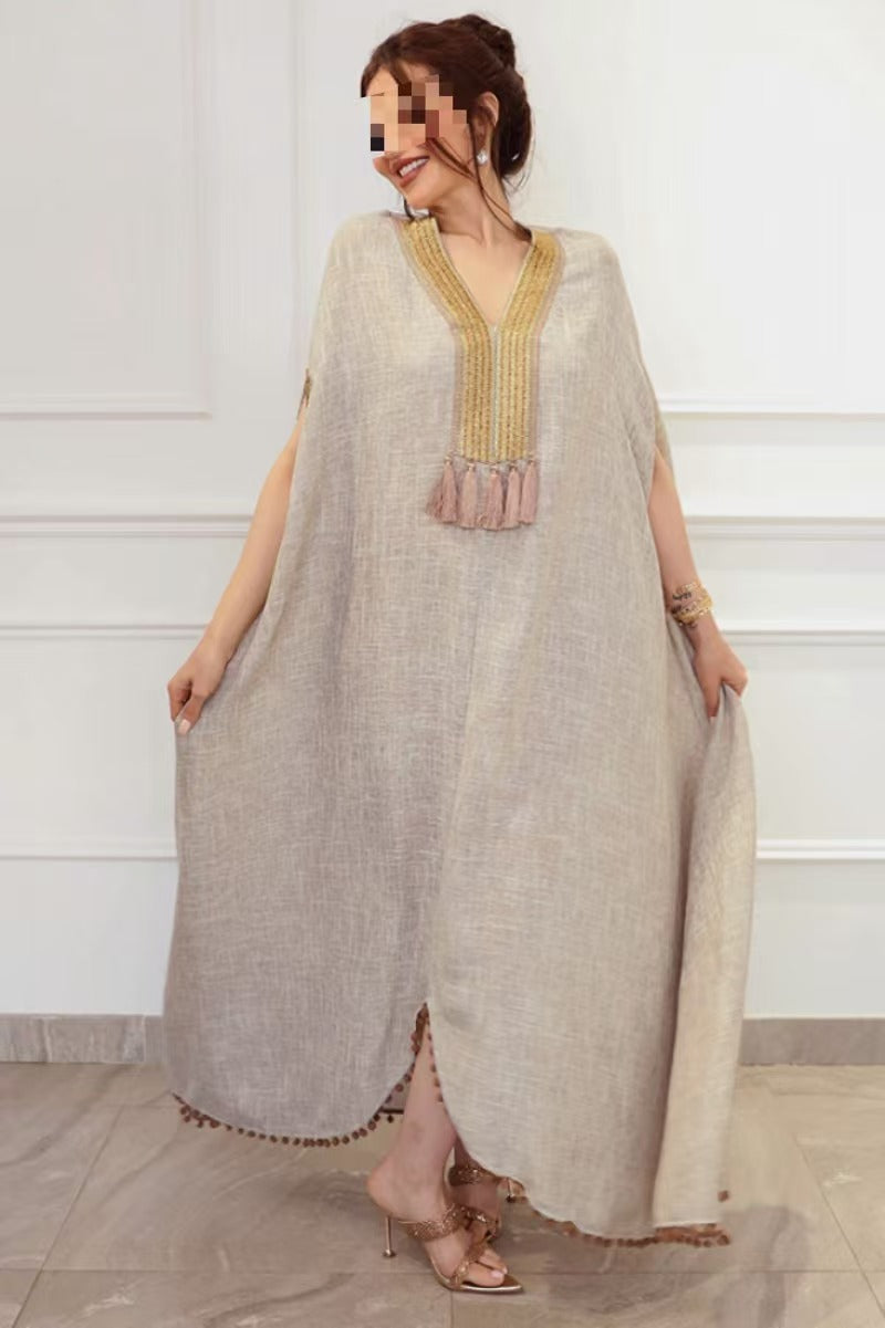 popular autumn and winter New Popular, 2025, Middle East Popular trade women's clothing independent station linen fringed traditional robe