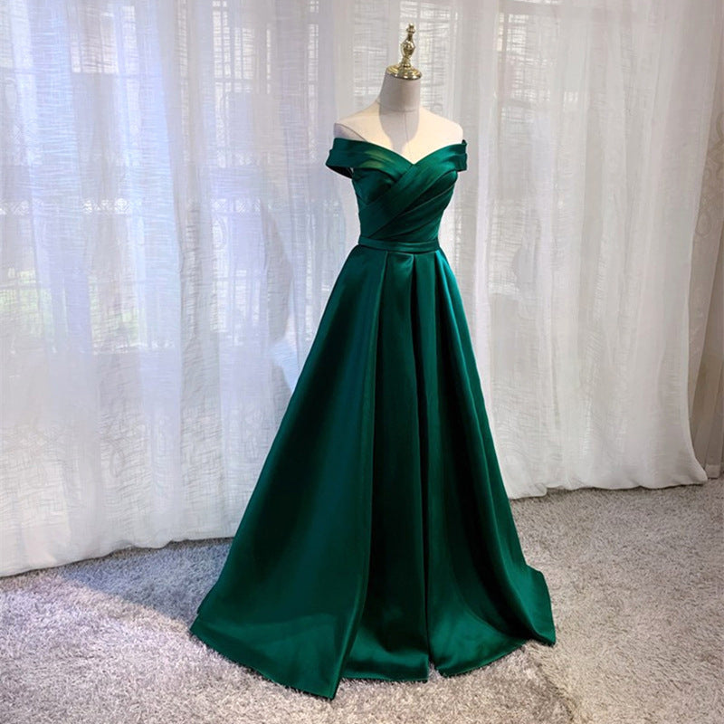 2025 One-word shoulder satin evening dress slim and thin performance chorus socialites banquet annual meeting host dinner dress