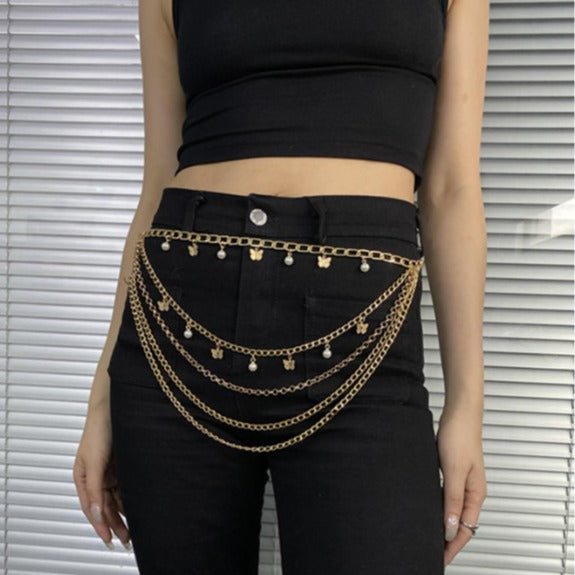 MW3545 2025 waist chain butterfly pearl pendant mixed multi-layer metal personalized waist chain body chain