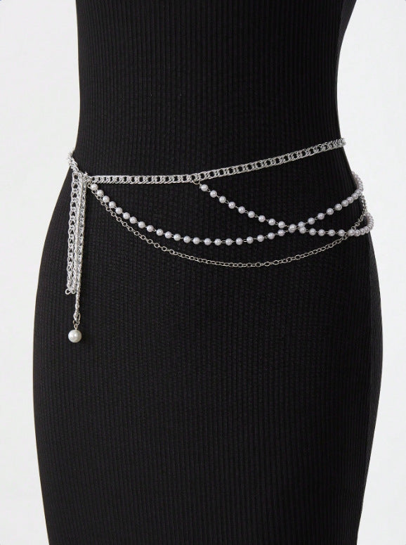 FB3354 2025 waist chain pearl chain metal chain cross wave fringe pendulum chain waist chain body chain