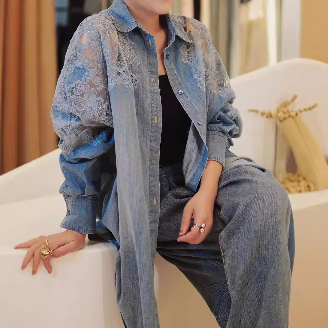 2025 popular Early Autumn Denim Shirt Splicing Lace Embroidered Bat Shirt Versatile Denim Jacket