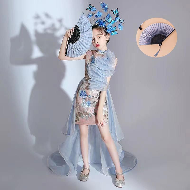 ZllKl National Fashion Girls Catwalk Dress Exaggerated Chinese Style Children's Model T Stage Fashion Costume Domineering Trendy Clothes Trailing