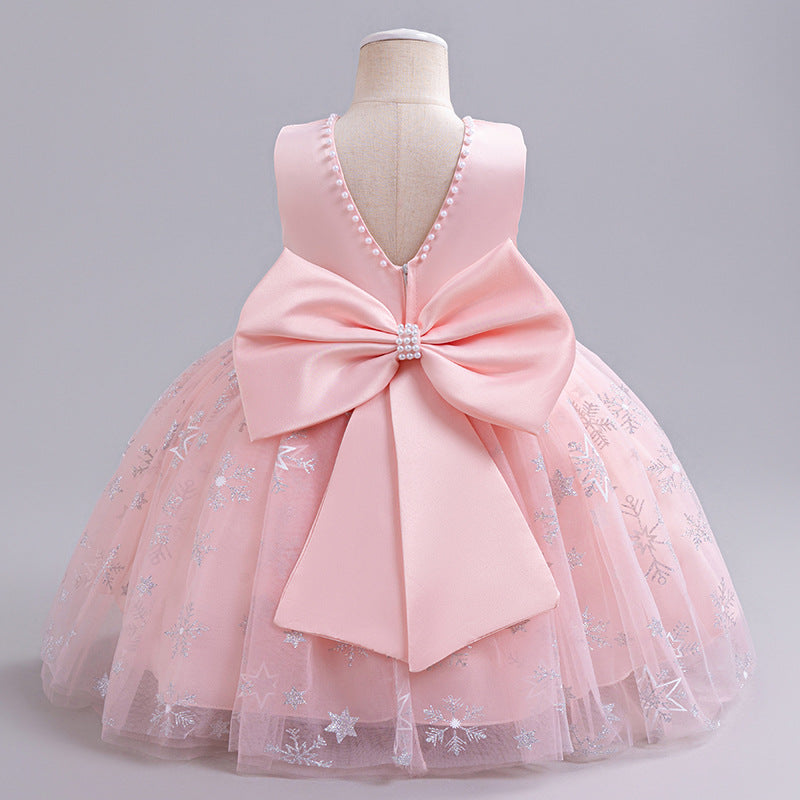 ZllKl Ice and Snow Mesh Princess Dress Neckline Pearl Birthday Dress Little Flower Girl Bow Girl Pettiskirt Dress