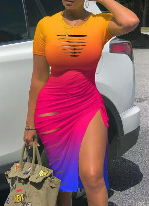 ZllKl European and American Sexy round Neck Short Sleeve Ripped Slit Pleated Dress