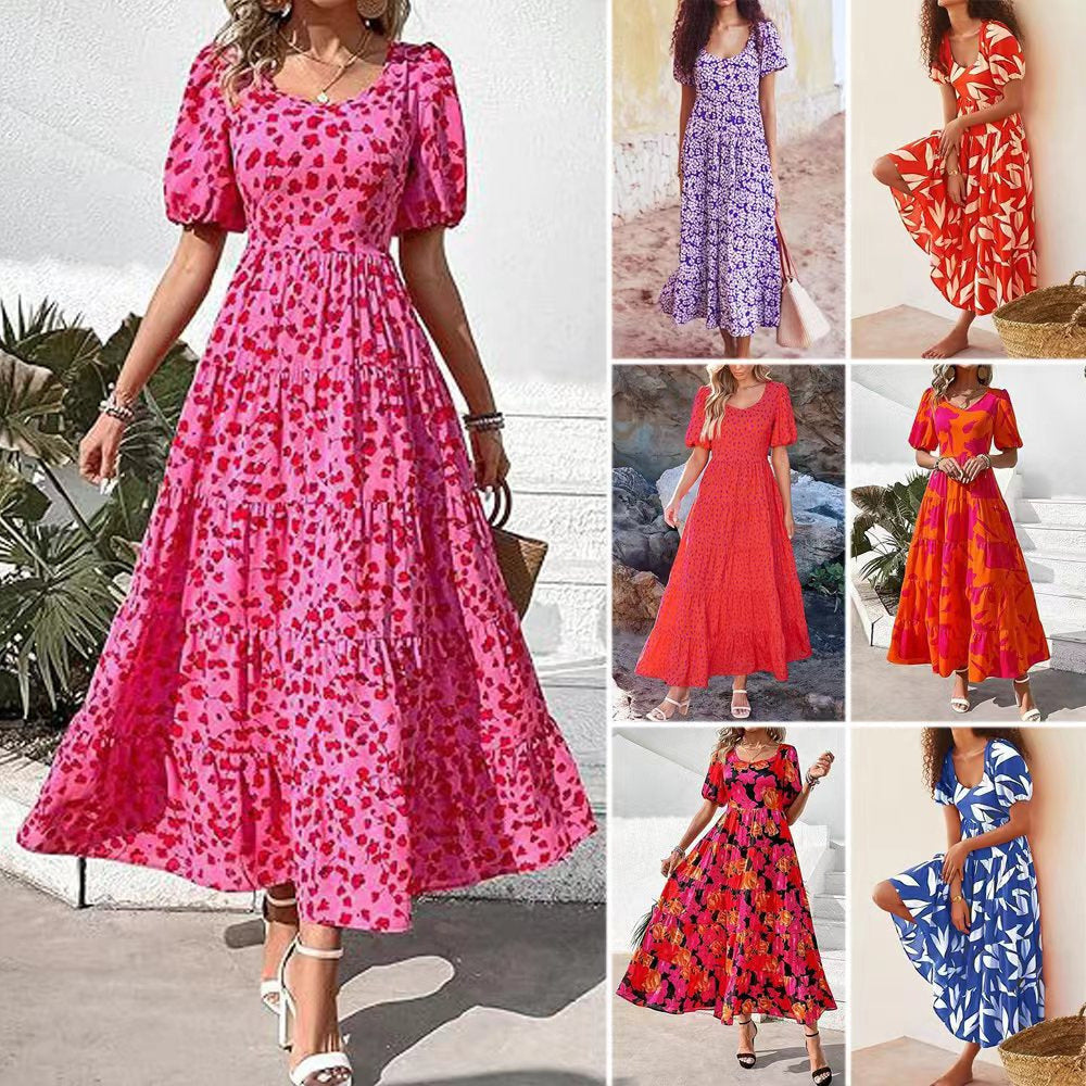 ZllKl European and American Foreign Trade Cross-Border Women's Clothing Bubble Sleeve Pleated Backless Print Layered Short Sleeve Dress