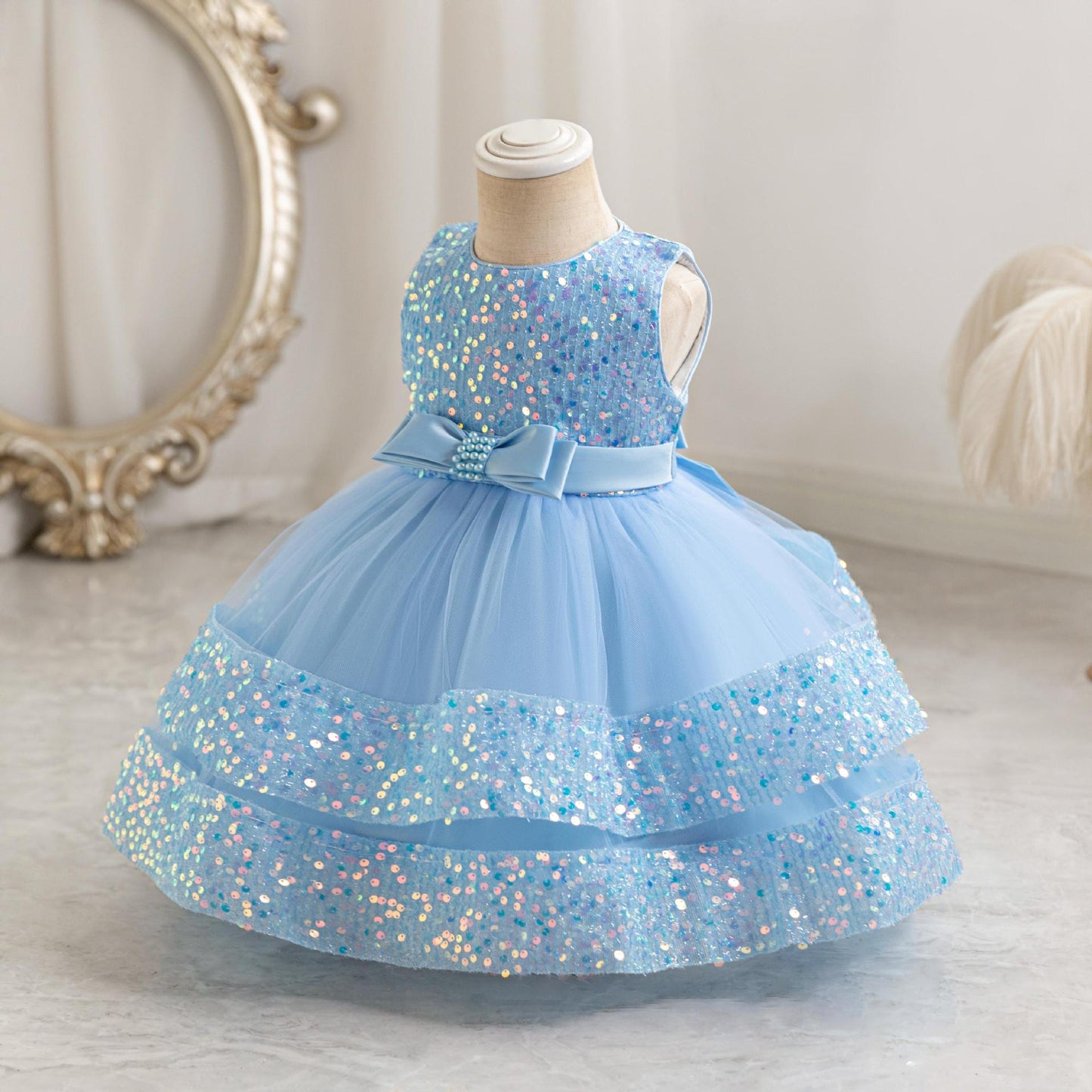 ZllKl Cross-Border New Arrival Red Children's Dress Sequined Princess Dress Baby Girl Birthday Banquet Skirt Girl Performance Wear