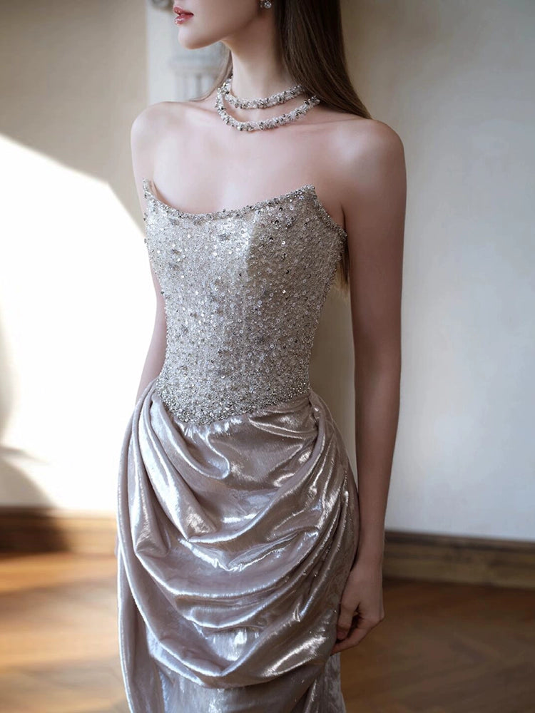 Tube top high-end evening dress temperament light luxury high-end sense sequined fishtail skirt bride engagement banquet heavy industry toasting clothes
