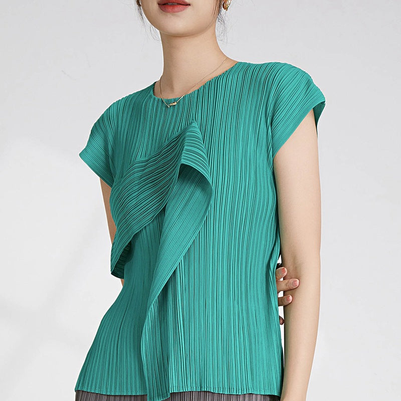 2025 Hot-selling women's t-shirt short-sleeved design sense niche round neck irregular high-end fashion temperament thin Miyake top