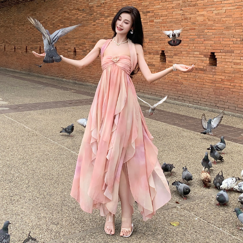 2025 Pink smudged neck suspender dress female pendant feeling elegant fairy dress high-end temperament dress long dress