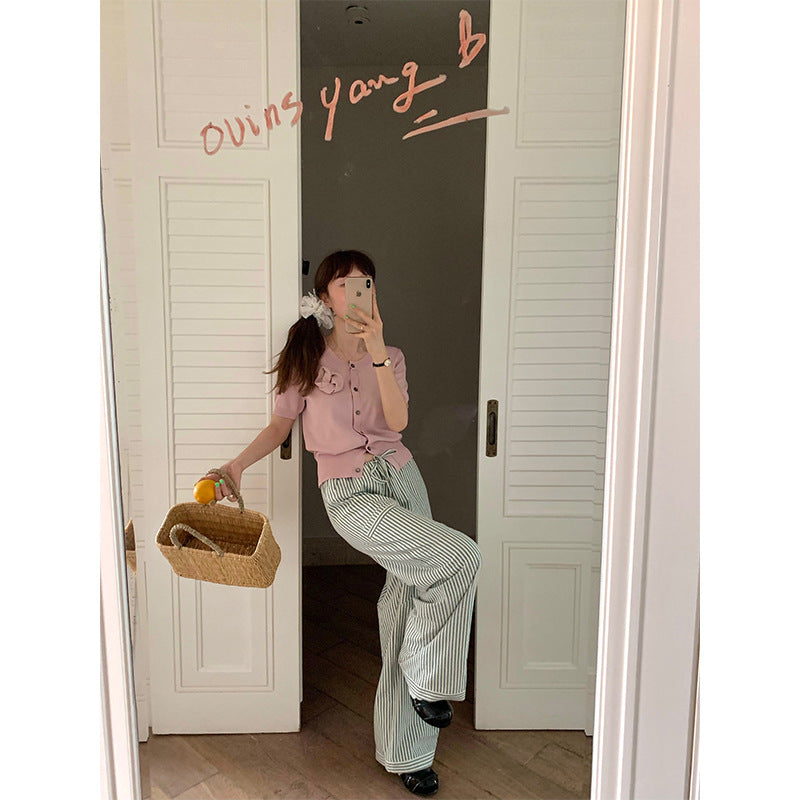 ZllKl Ovinsyang Vertical Striped Pants Women's Summer Thin Sweet College Style Casual Trousers Wide Leg Pants Straight-Leg Pants