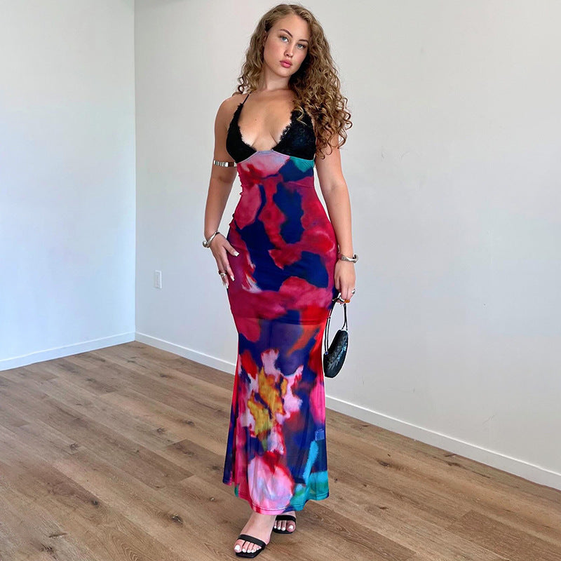 2025 D24DS214 women's clothing summer new temperament V-neck suspender backless slim high-waisted fishtail long dress