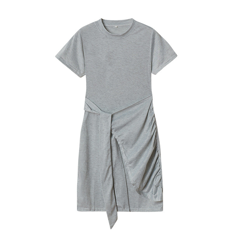 ZllKl European and American Popular Short Sleeve round Neck Pleated Bow Belt Irregular Dress
