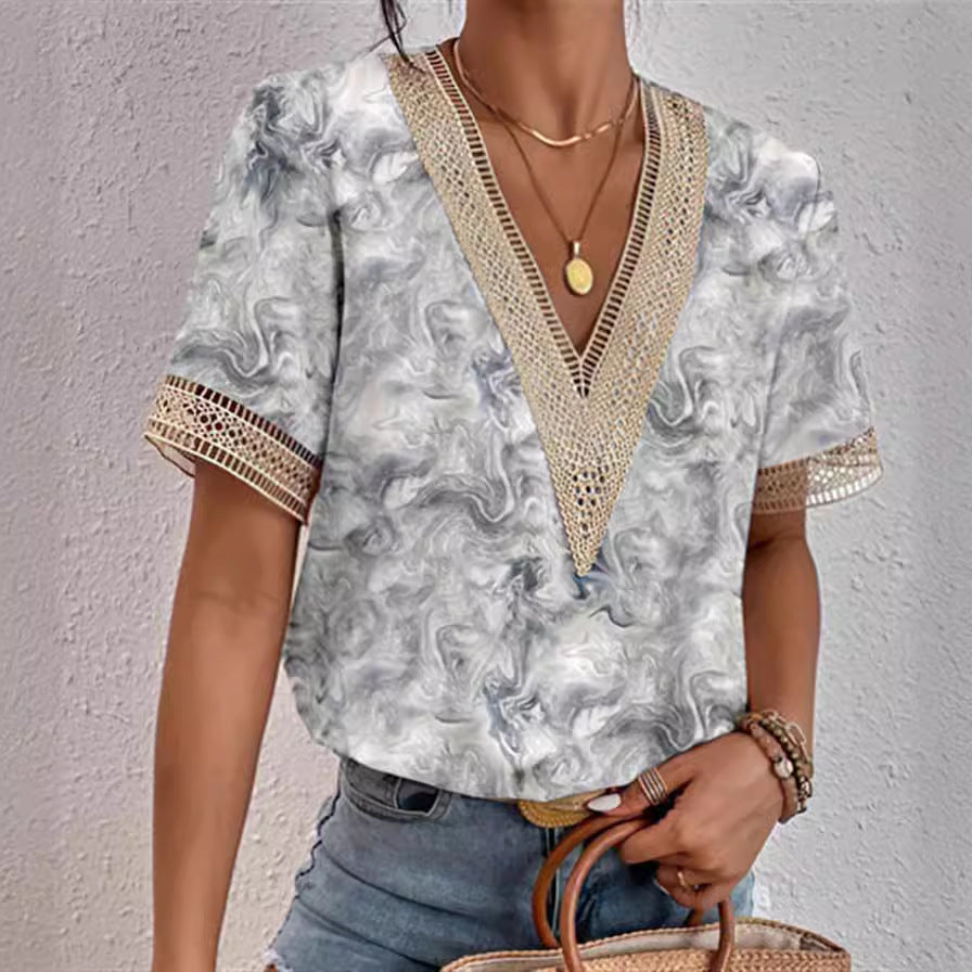 ZllKl Cross-Border EBay Women's Clothing V-neck Lace Loose Top Temperament Commute Short Sleeve Digital Printed T-shirt
