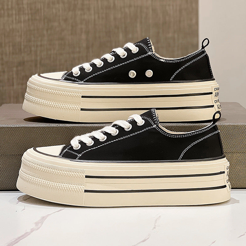 ZllKl Women's Thick-Soled Canvas Shoes Summer New Korean Style Casual Sneaker round Toe Lace-up Sneakers All-Match White Shoes