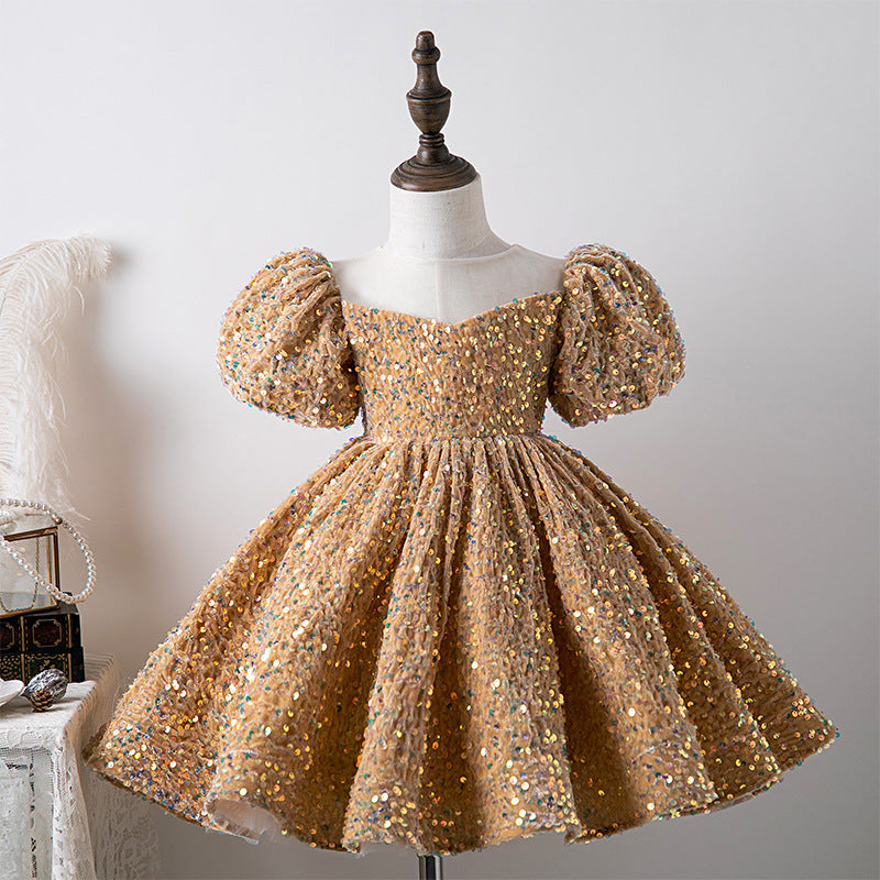 ZllKl Blue Sequined Children's Dress Girl Princess Dress Birthday Full-Year Baby Girl Catwalk Host Piano Performance Wear