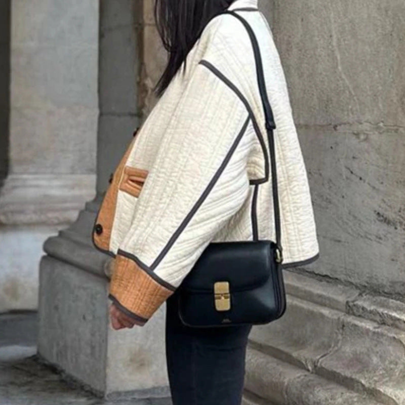 Cross-border 2023 autumn and winter retro printed cotton jacket European and American temperament commuter round neck long sleeve color matching women's cotton-padded clothes
