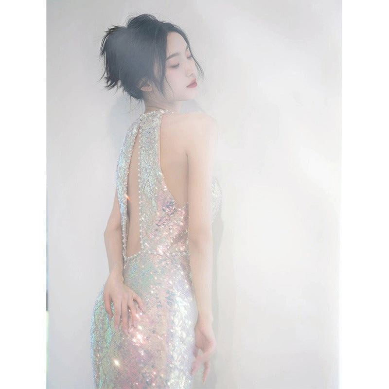 2025 Mermaid Ji sequined evening dress 2025 new neck fishtail model host annual meeting fairy temperament banquet dress skirt