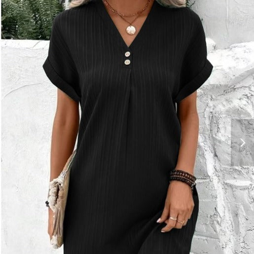 ZllKl Cross-Border European and American Women's Clothing New V-neck Solid Color Pullover Comfort and Casual Button Dress