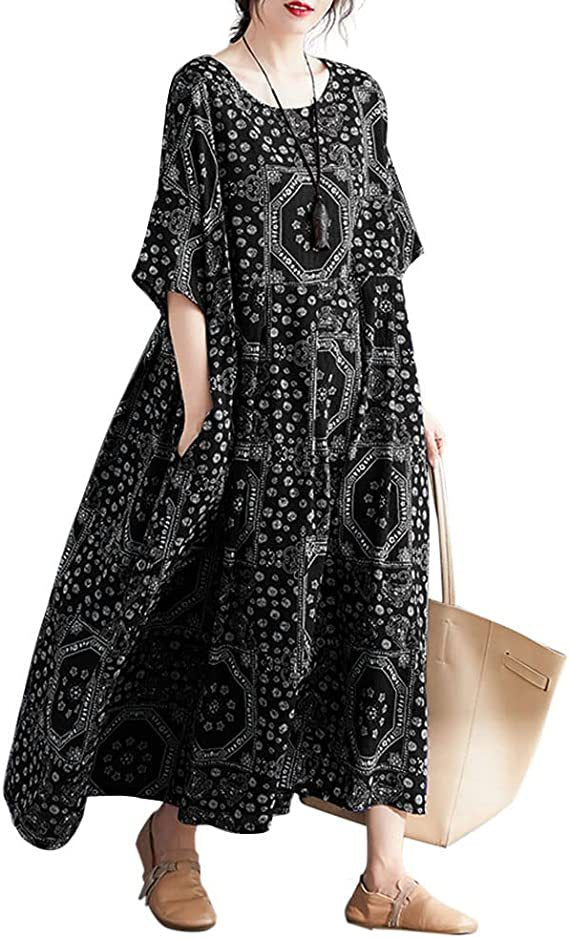 Zllk Cross-Border Women's Clothing Artistic Retro Cotton and Linen plus Size Dress Loose plus-Sized Large Swing Short Sleeve Printed Lightweight Dress