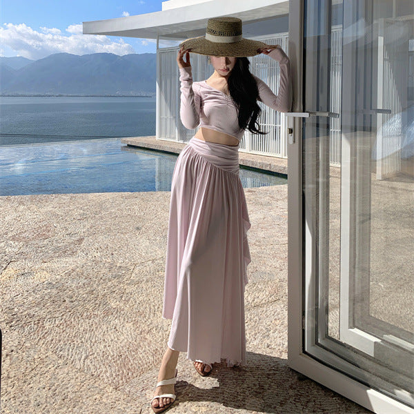2025 Autumn new long-sleeved pure desire temperament hollow high waist thin folds irregular inner cover bottom dress women
