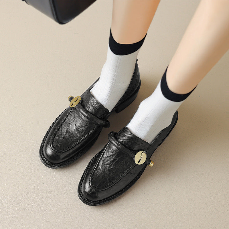 2025 Retro gold buckle thick heel loafer single shoes women's British style small leather shoes