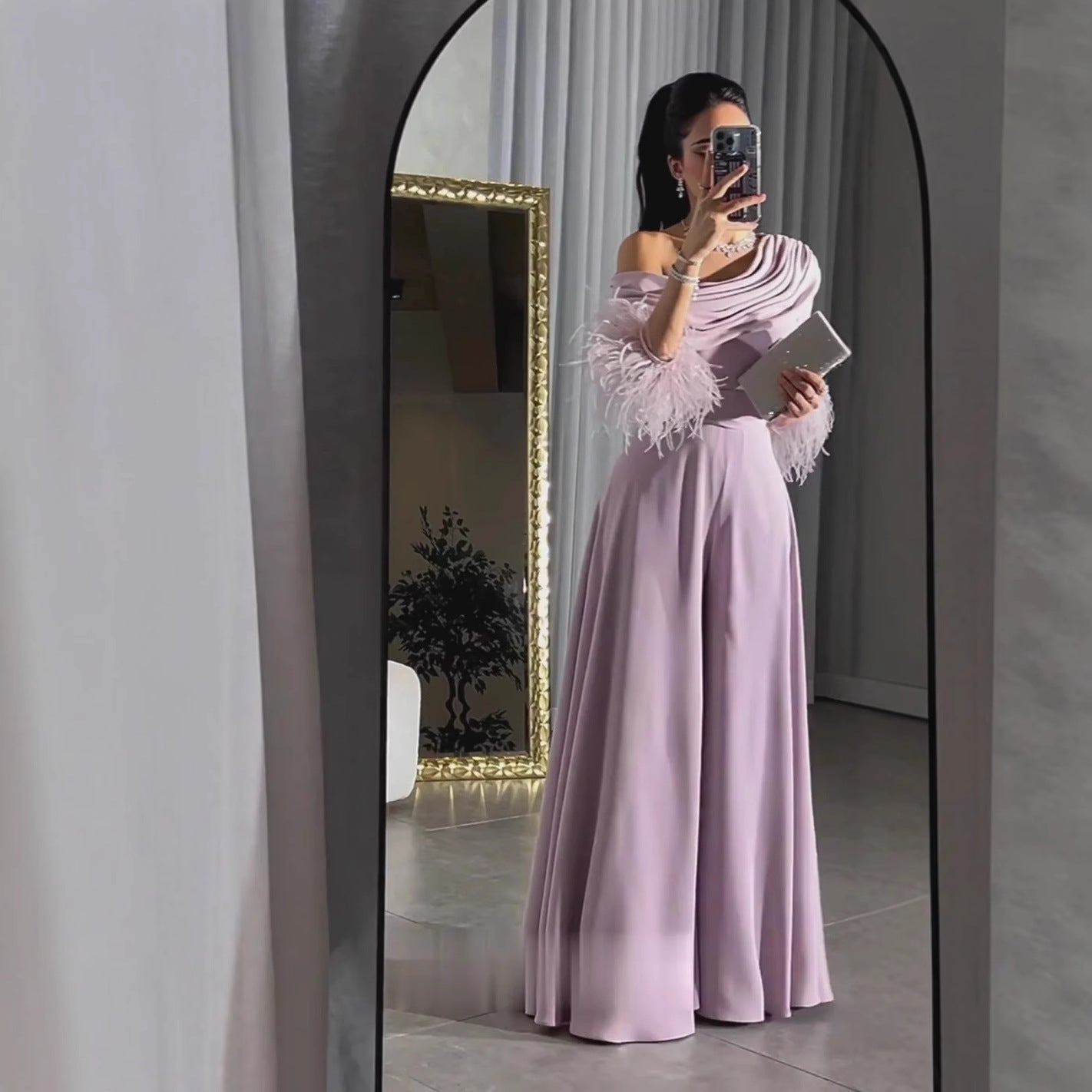 popular autumn and winter new 2025 New  independent station feather splicing sexy fashion loose jumpsuit