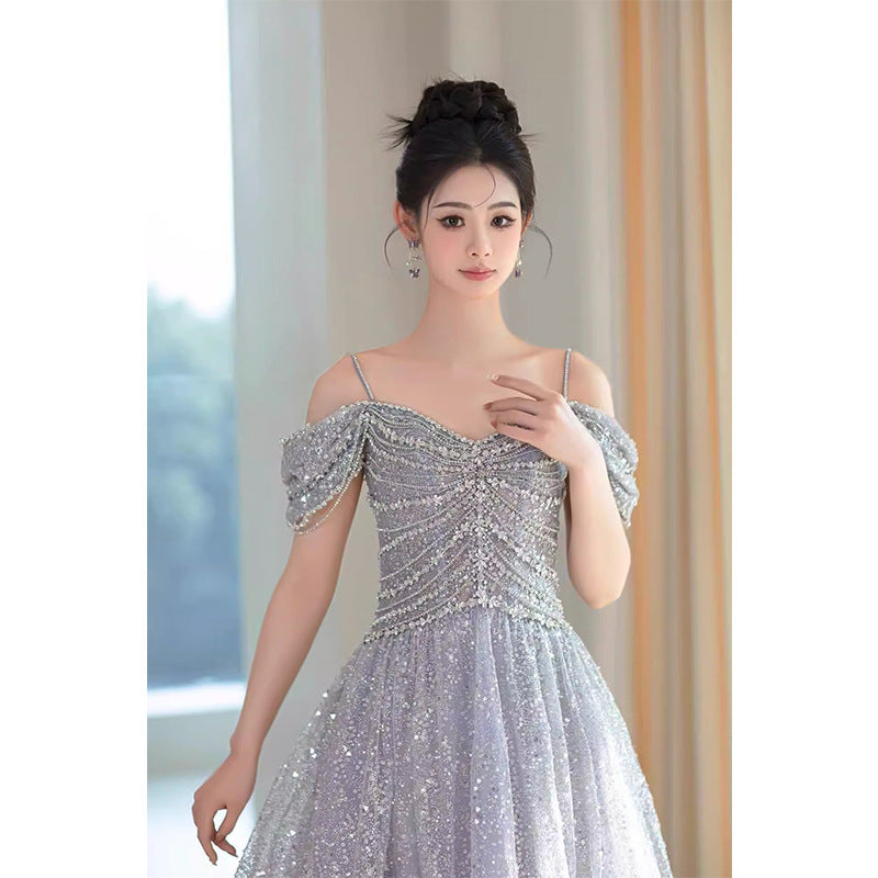2025 light luxury banquet evening dress 2025 new suspender heavy industry fluffy long dress birthday party party dress