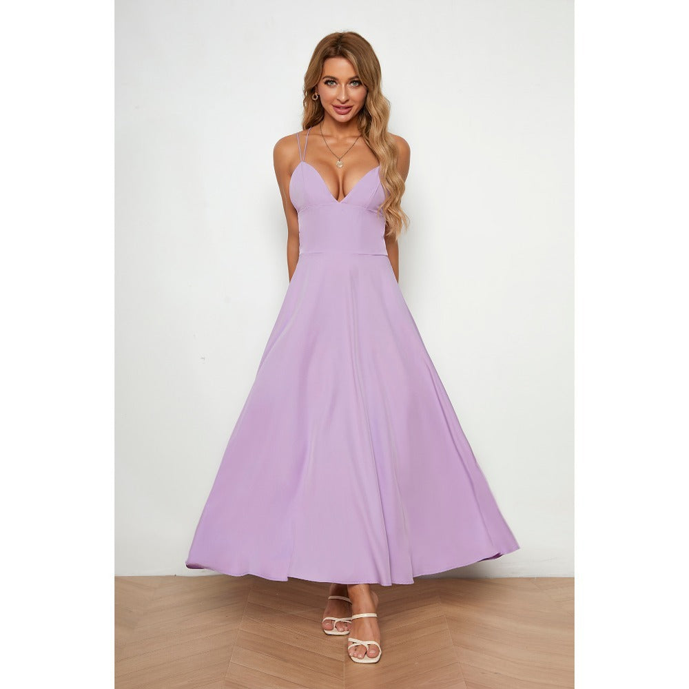 ZllKl Spring/Summer Cross-Border Women's Clothing Solid Color Hepburn Style Strap Dress Tube Top Stitching Midi Dress