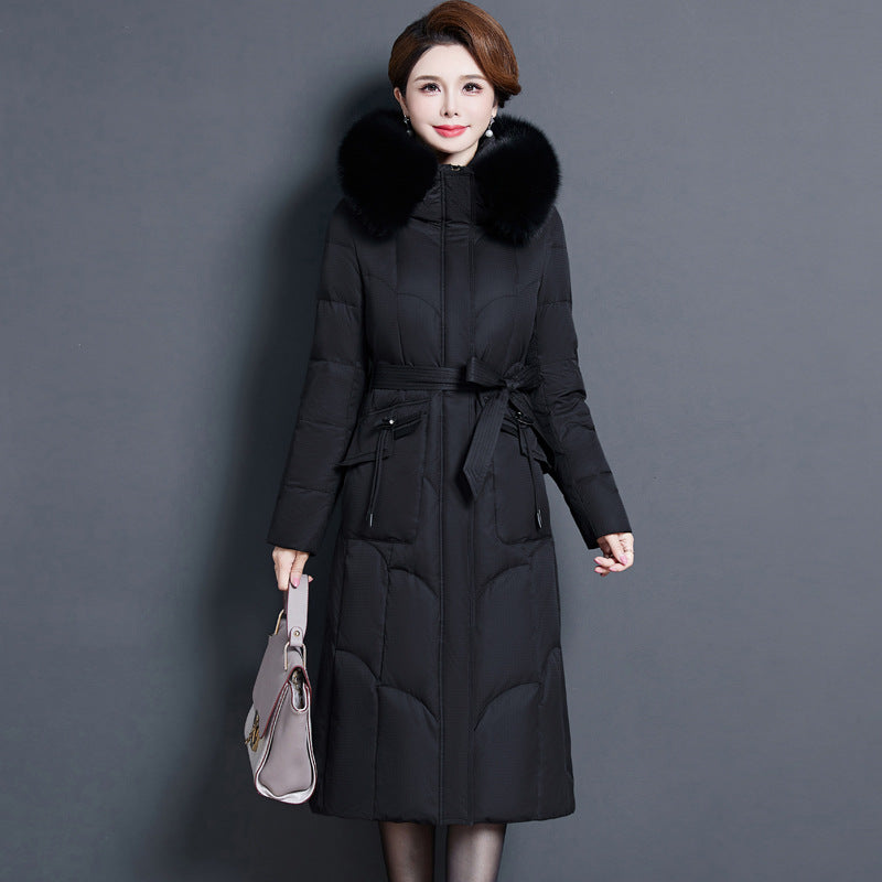 2023 new fashionable and foreign medium and long mother thickened winter knee jacket middle-aged white duck down jacket women