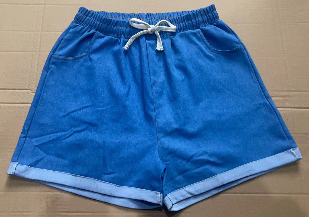 2025 New Summer Korean Style Loose All-Match Casual Stretch Denim Shorts Women's High Waist Drawstring Wide-Leg Straight Pants
