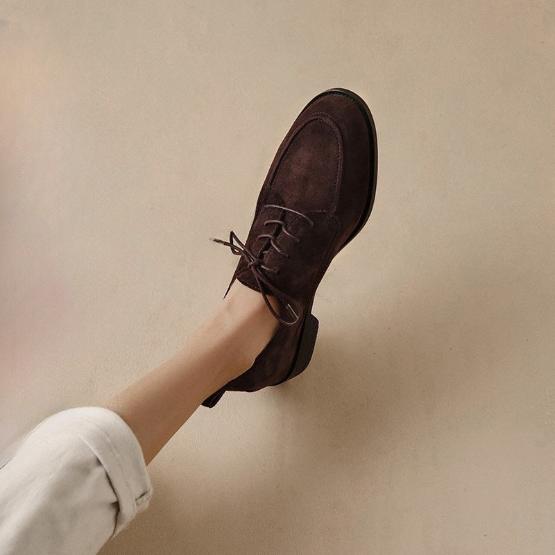 2025 Great to wear~ Frosted lace-up flat heel single shoes women's British style loafers retro small leather shoes