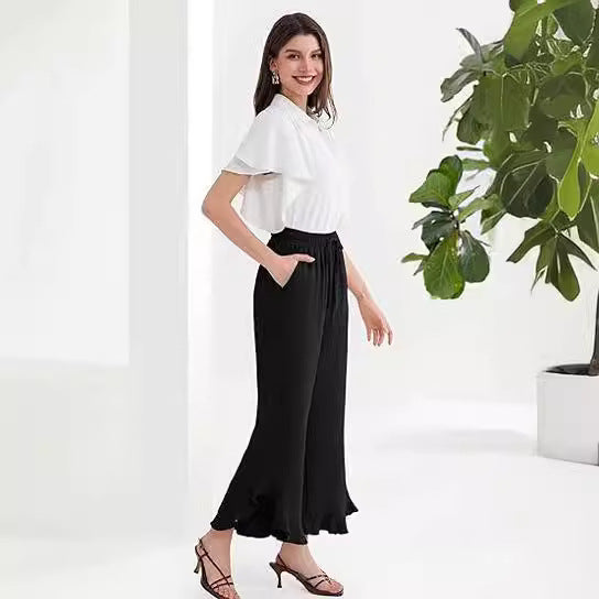 ZllKl Popular Cross-Border Temu European and American Summer Loose Casual Fashion Ruffled Bell-Bottoms Ankle-Length Pants Women