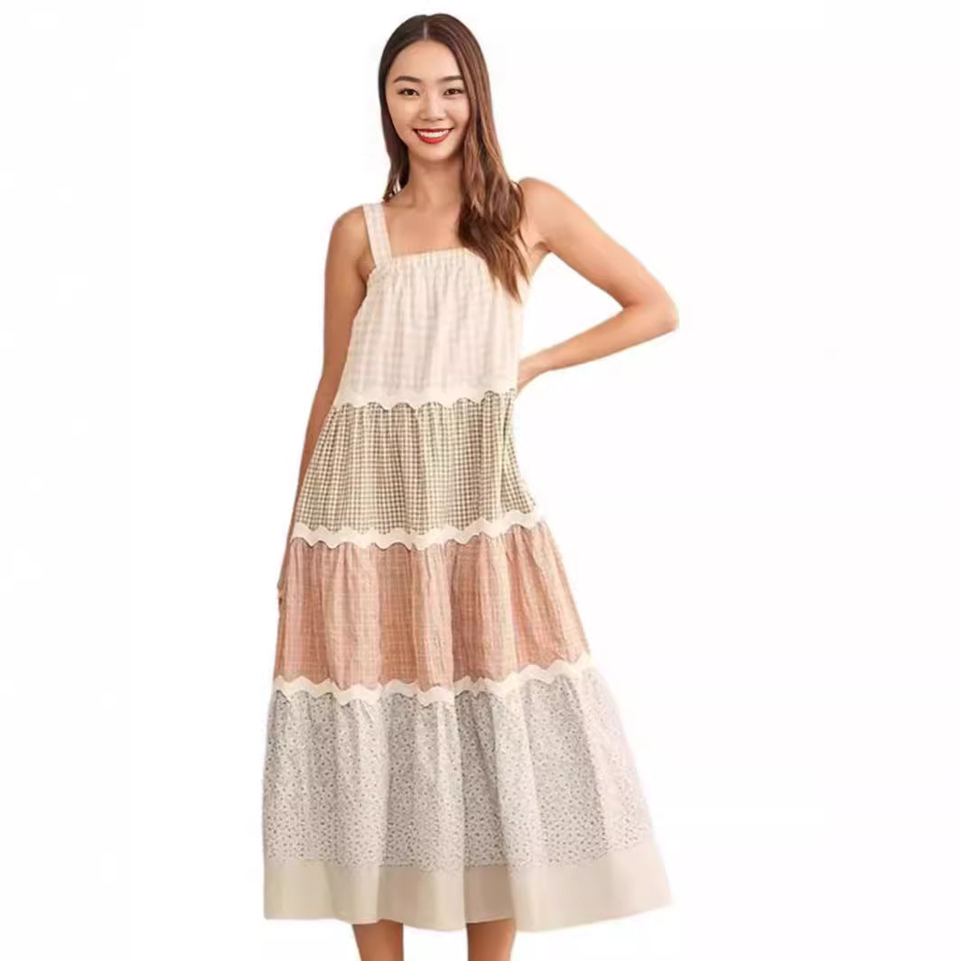 Zllk Summer New Cross-Border European and American Women's Clothing Wave Pattern Suspender Dress Multicolor Printing Cake Dress