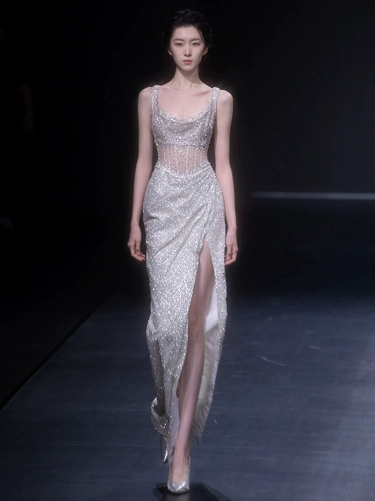 High-end heavy industry evening dress temperament socialite silver light luxury niche suspender sequins sexy engagement fishtail dress