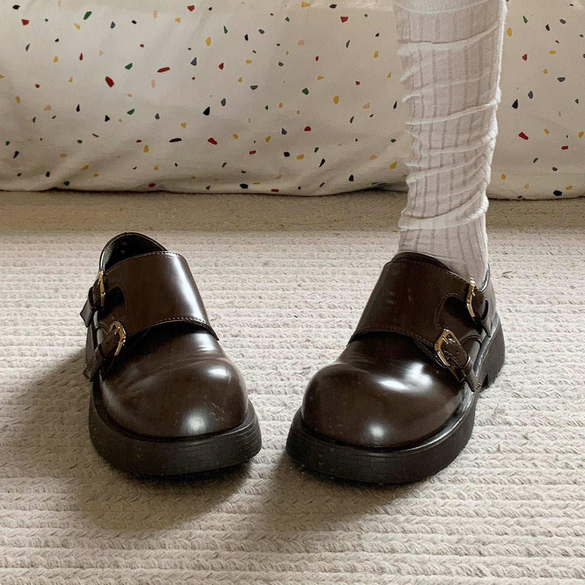 2025 Small man thick-soled heightened deep-mouth single shoes women's round head one-pedal small leather shoes college style jk uniform shoes