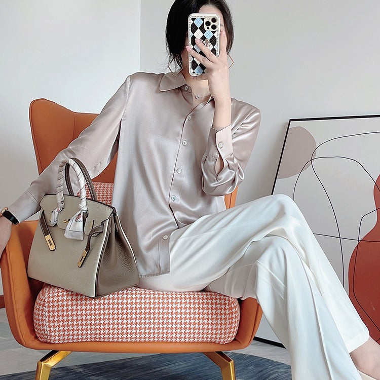 Silk shirt women's popular spring new solid color glossy pointed neck long-sleeved mulberry silk shirt